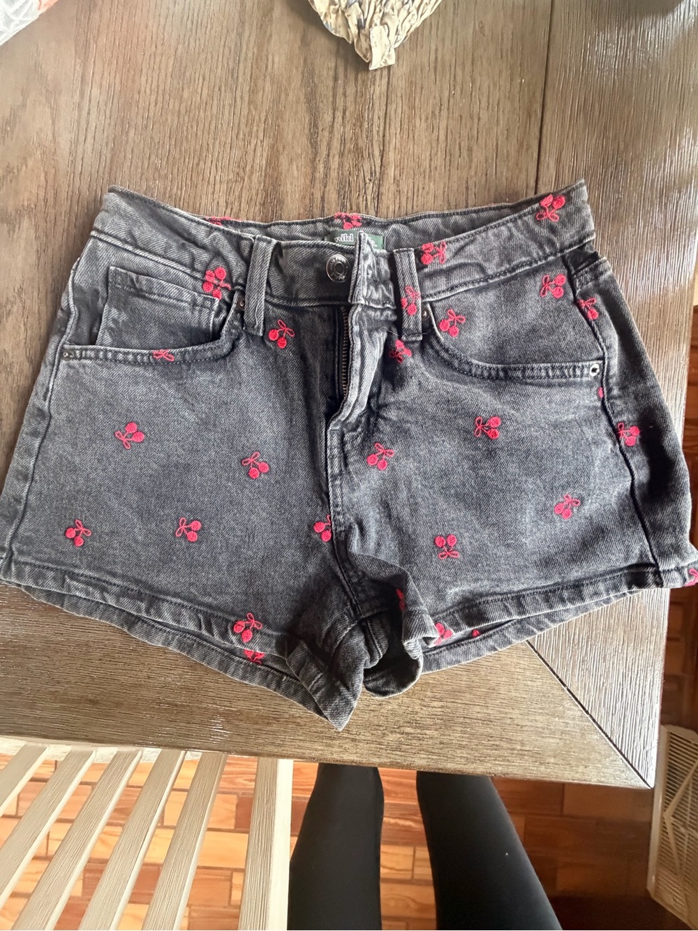 wild fable Black Denim Shorts with Pink Cherry Embroidery